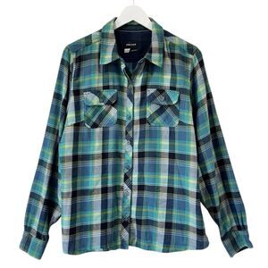 MARMOT Flannel Shirt XL Button Up Turquoise Plaid Cotton Knit Blend Garpcore EUC